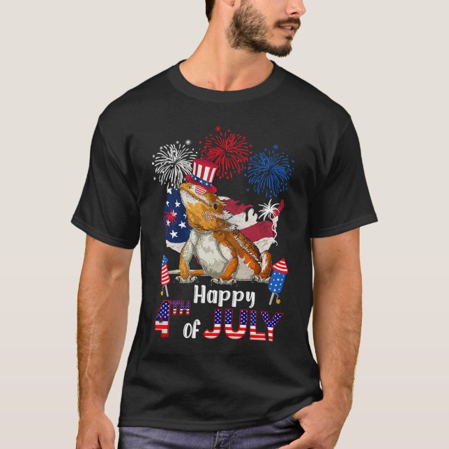 T-shirt Bearded Dragon American Flag Fireworks Happy 4th o (Devant)