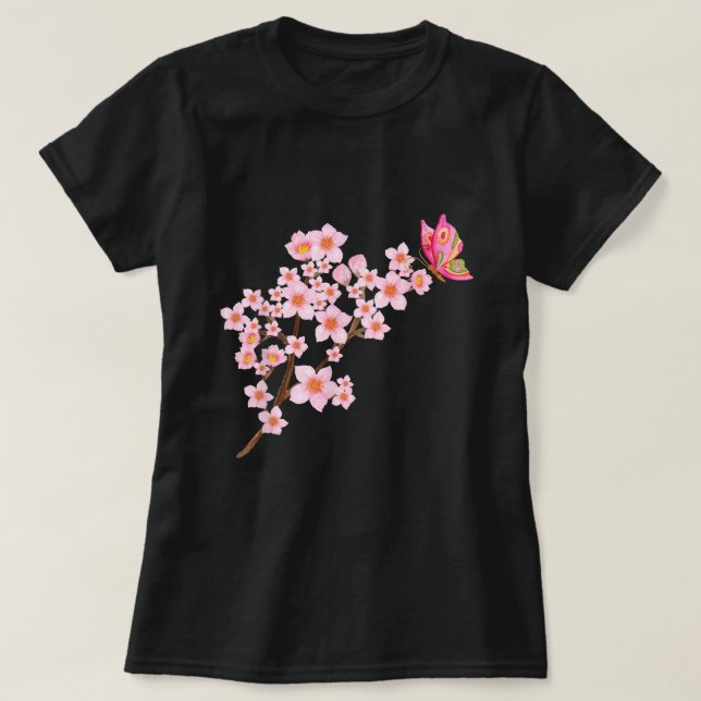 T-shirt Beau Papillon japonais Fleur de cerisier Sakura (Design devant)