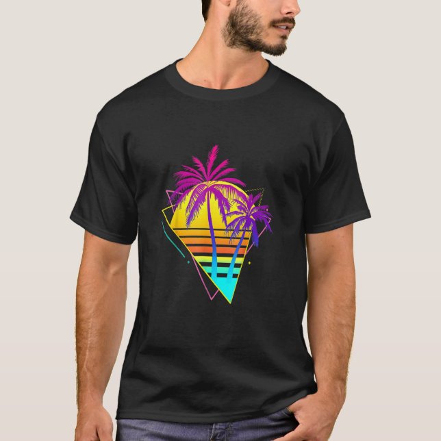 T-shirt Beau Retro 80s 90s Vaporwave Tropical Sunset (Devant)
