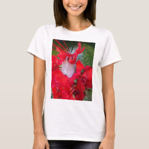 T-shirt Beauté délicate : Fleur rouge avec plumes blanches