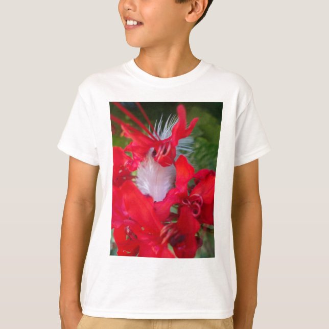 T-shirt Beauté délicate : Fleur rouge avec plumes blanches (Devant)