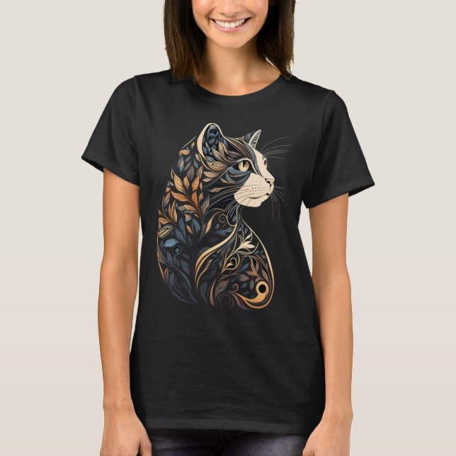 T-shirt Beautiful Cat Floral Pattern Blue and Beige Tan Bl (Devant)