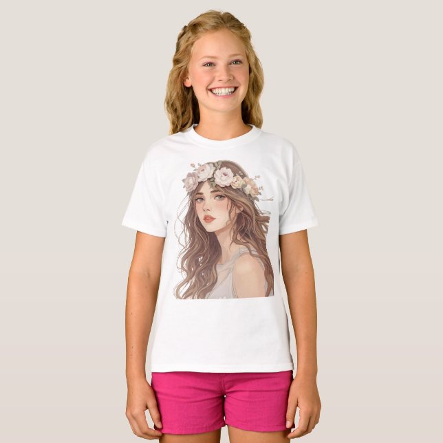 T-shirt Beautiful Floral Anime Girl – Soft Pastel Aesthe (Devant entier)
