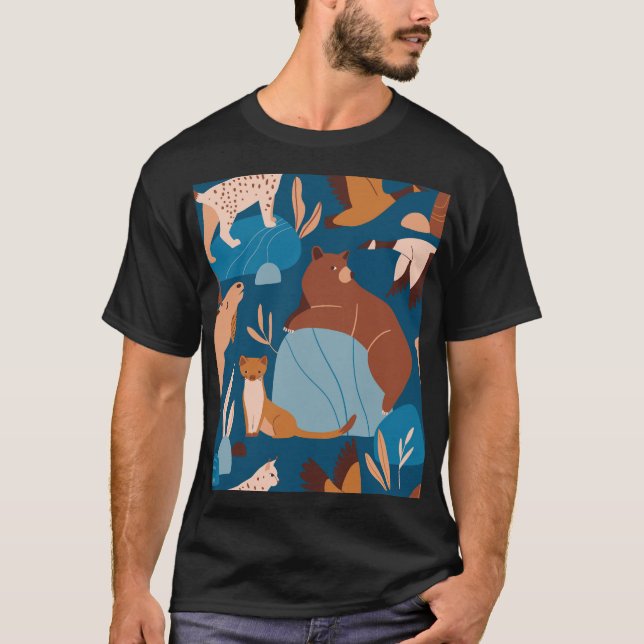 T-shirt Beaux animaux de la forêt, design foncé sans soudu (Devant)