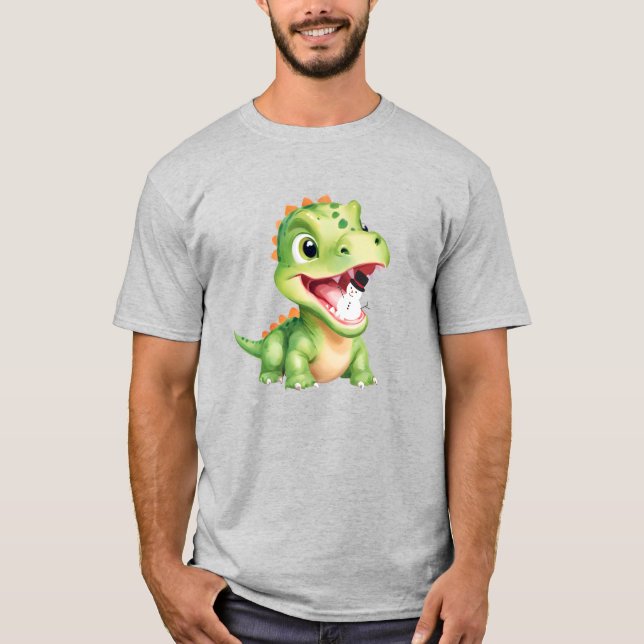 T-shirt Bébé mignon Dinosaur manger bonhomme de neige fête (Devant)