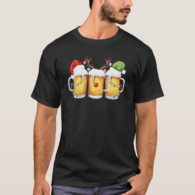 T-shirt Beer Christmas Mug Santa Reinbeer Xmas Tree Lights (Devant)
