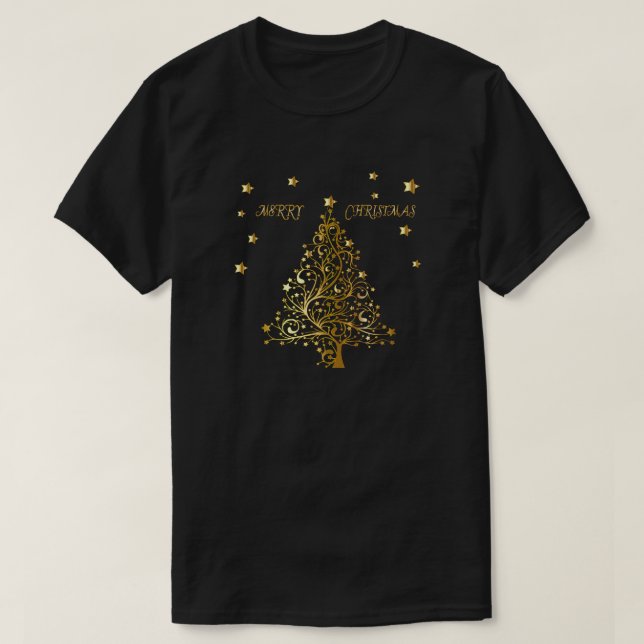 T-shirt Bel arbre de Noël métallique étoilé d'or (Design devant)