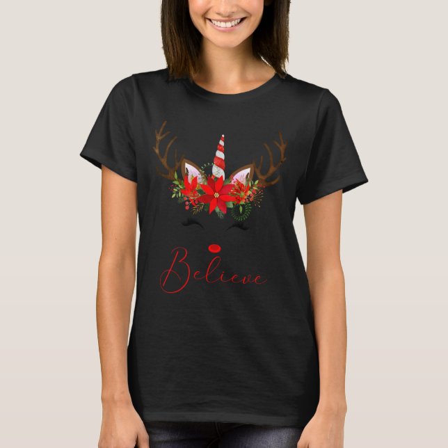 T-shirt Believe Red White Insettia Reindeer Unicorn  (Devant)