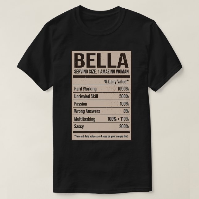 T-shirt Bella Nutrition Facts Nom Pseudo Alias Titre Fr (Design devant)