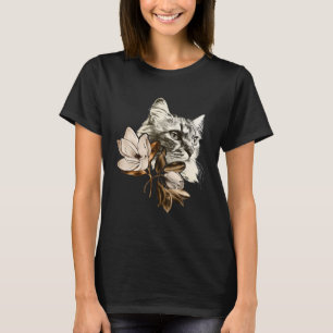 T-shirt Belle Chat Avec Magnolias Fleurs Femmes Floral