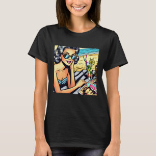 T-shirt Belle Dame Rétro à la Plage avec Cocktail