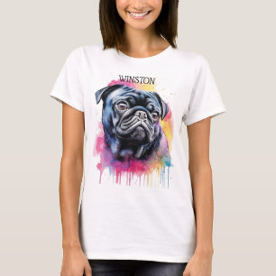 T-SHIRT BELLE FACE DE CHIEN CARLIN NOIR AVEC RAINBOW BACKG
