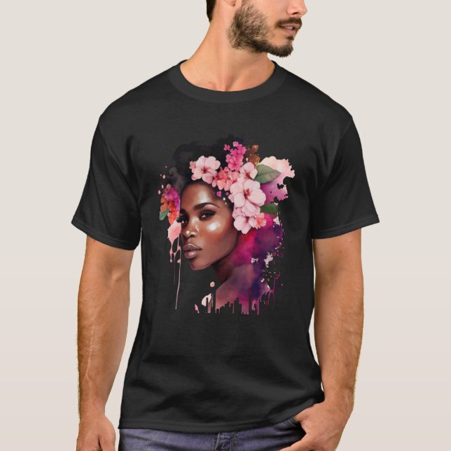 T-shirt Belle femme noire Afro Queen Melanin Pink Flow (Devant)