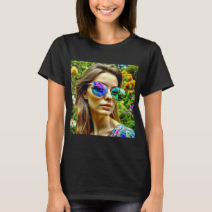 T-shirt Belle fille avec lunettes de soleil Fleurs de réfl