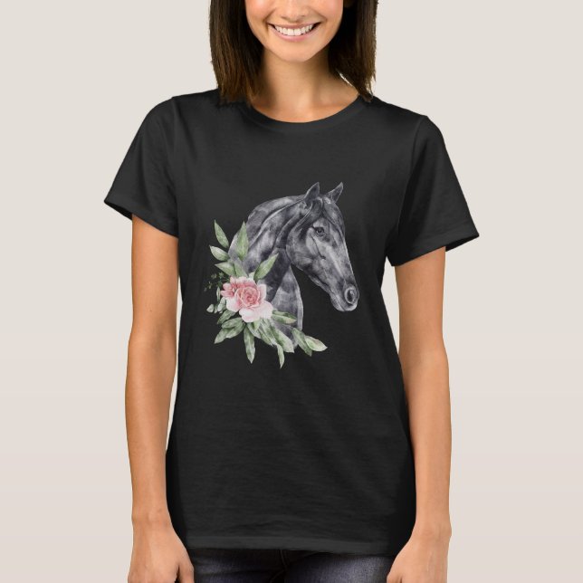 T-shirt Belle tête de cheval noir Portrait d'aquarelle (Devant)