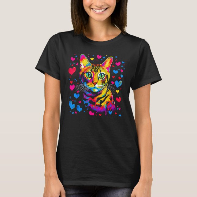 T-shirt Bengal Cat Blue Red Heart (Devant)