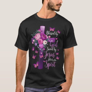 T-shirt Béni Par Dieu Sauvé Par Jésus Croix Florale Violet