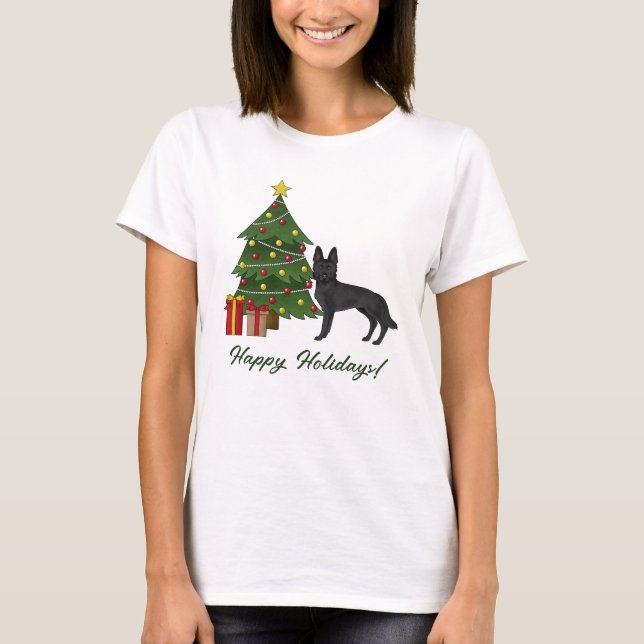T-shirt Berger Allemand Noir Et Arbre De Noël Festif (Devant)