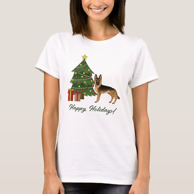 T-shirt Berger Allemand Noir Et Tan Et Arbre De Noël (Devant)