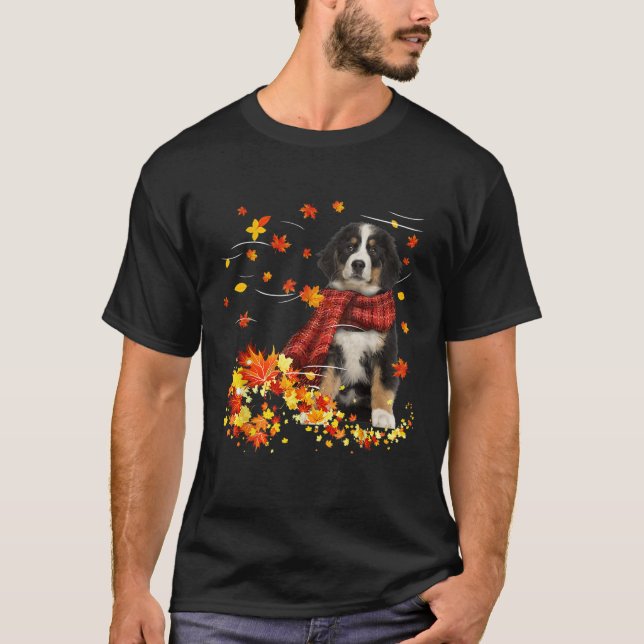 T-shirt Bernese Mountain Fall Red Scarf Autumn Leaf Gift D (Devant)