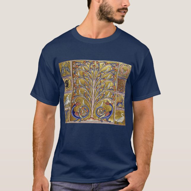 T-SHIRT BESTIAIRE MÉDIÉVAL, OISEAUX SUR L'ARBRE DE VIE, DR (Devant)