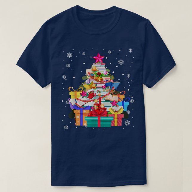 T-shirt Bibliothèque d'arbres Xmas Lumières Bibliothèque d (Design devant)