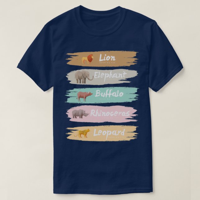 T-shirt Big Five Safari Animaux Brosse Pastel (Design devant)