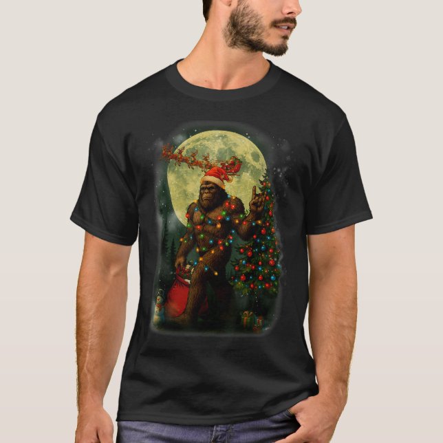 T-shirt Big Foot Rock On Santa Snowman Christmas Tree Xmas (Devant)