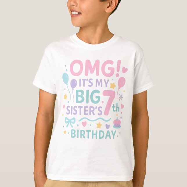 T-shirt Big Sister 7th Birthday Cute Rainbow Fun 7 Year  (Devant)