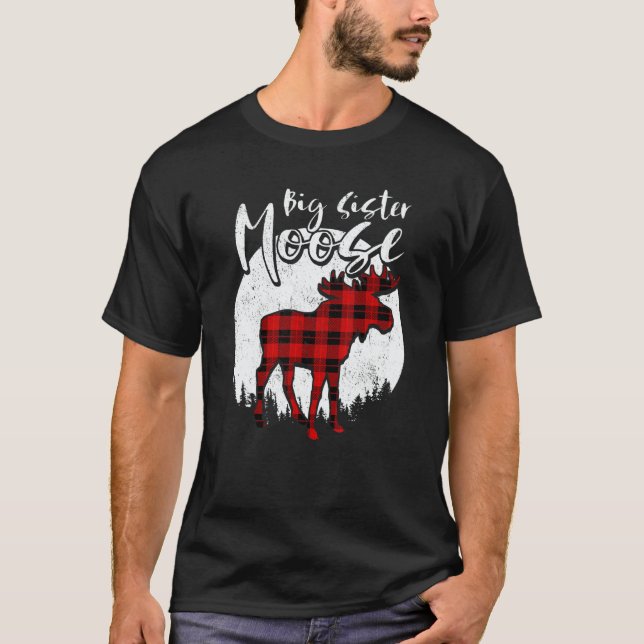 T-shirt Big Sister Moose Red Plaid Buffalo Matching Family (Devant)