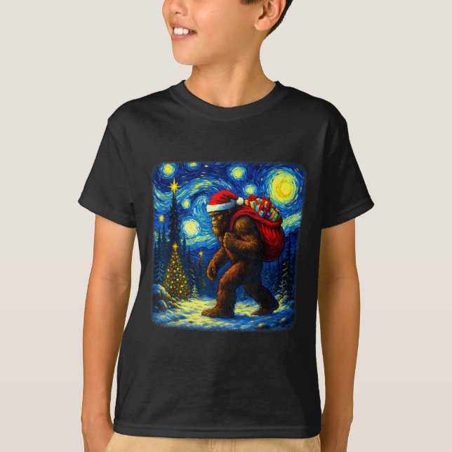 T-shirt Bigfoot Santa Christmas Starry Night Sasquatch Van (Devant)
