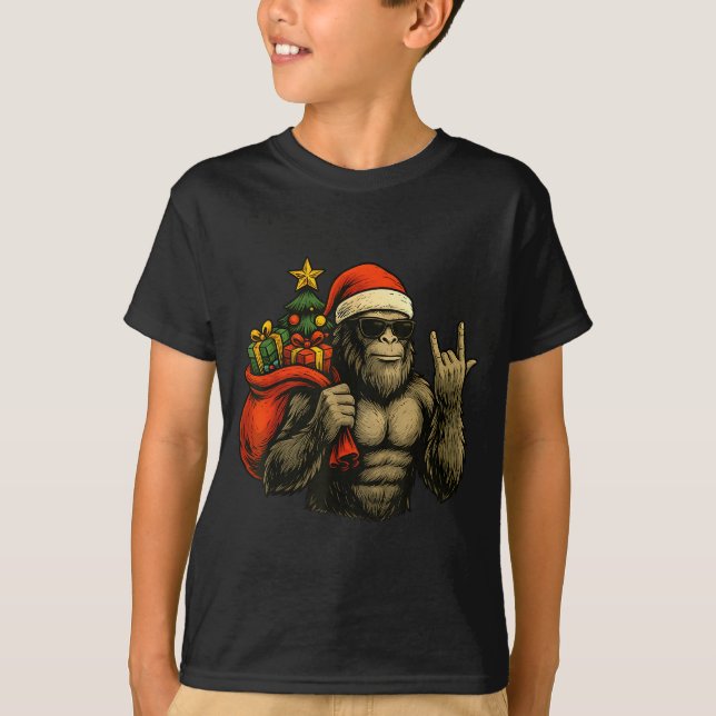 T-shirt Bigfoot Santa Christmas Tree Rock On Funny Xmas Sa (Devant)