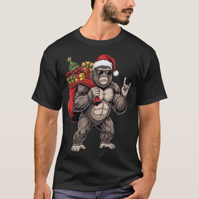 T-shirt Bigfoot Santa Rock On Funny Christmas Sasquatch (Devant)