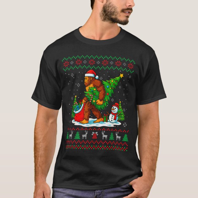 T-shirt Bigfoot Santa Ugly Christmas Tree Funny Xmas Light (Devant)