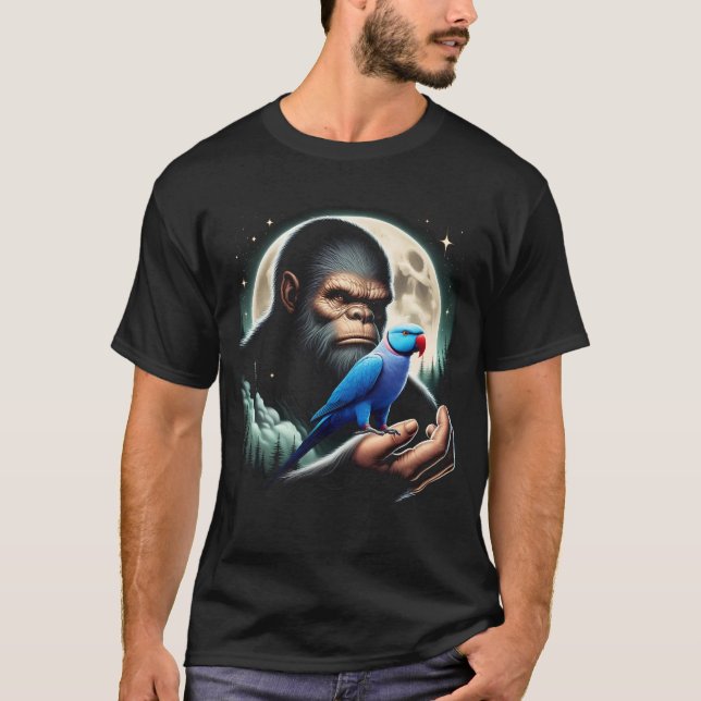 T-shirt Bigfoot Sasquatch Blue Indian Ringneck Parrot (Devant)