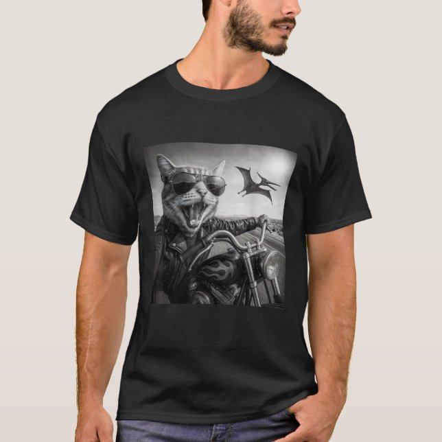 T-shirt Biker Cat Dinosaur Chase Funny Motorcycle Sunglass (Devant)