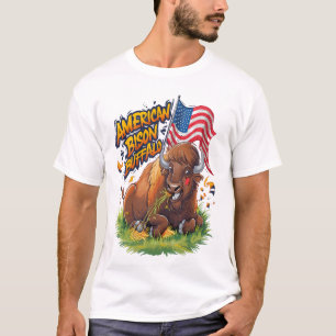 T-shirt Bison avec drapeau américain dans l'herbe