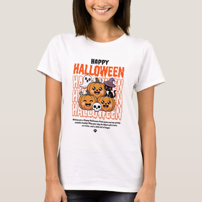 T-shirt Black and Orange Grunge Halloween Cat & Pumpkin  (Devant)