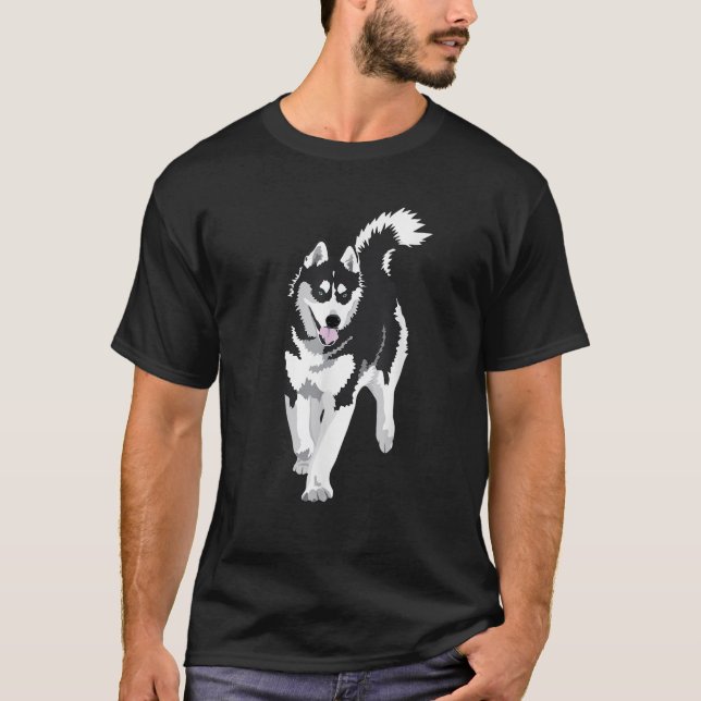 T-shirt black and white Siberian Husky Snow Dog  (Devant)