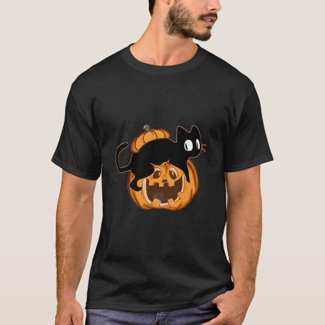 T-shirt Black Cat And Pumpkin Halloween (Devant)