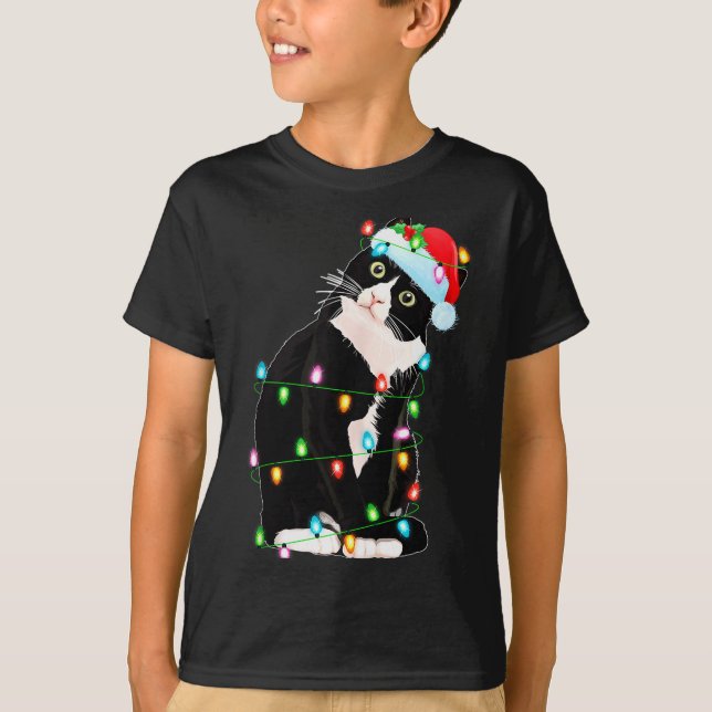 T-shirt Black Cat Christmas Lights Funny Santa Hat Black C (Devant)