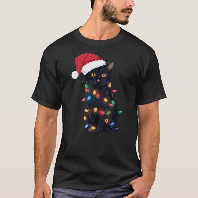 T-shirt Black Cat Christmas Tree Lights Funny Santa Kitten (Devant)