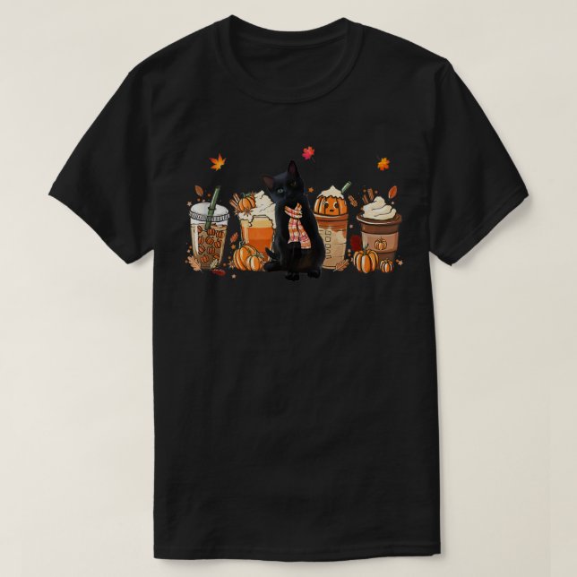 T-shirt Black Cat Citrouille Latte Fall Café Automne Saiso (Design devant)