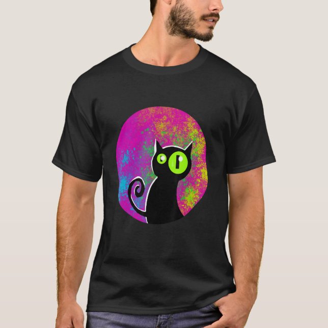 T-shirt Black cat coloured background glowing eyes (Devant)