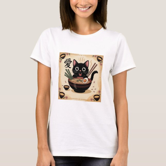 T-shirt Black Cat Eating Ramen, Cute Kawaii Noodle Bowl (Devant)