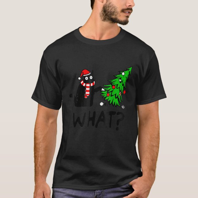 T-shirt Black Cat Gift Pushing Christmas Tree Over Cat Wha (Devant)
