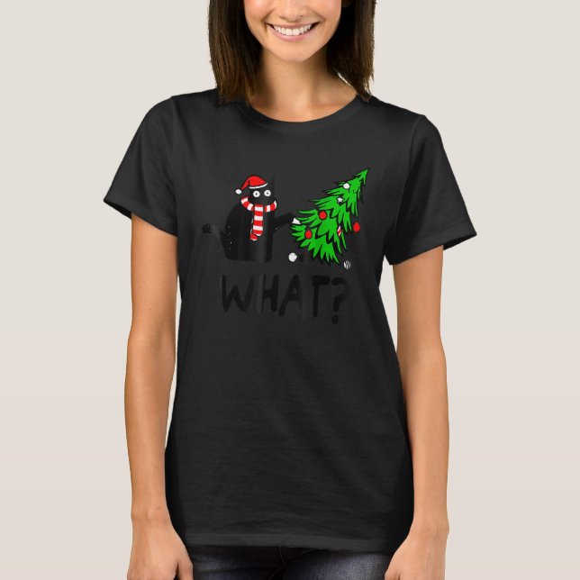 T-shirt Black Cat Gift Pushing Christmas Tree Over Cat Wha (Devant)
