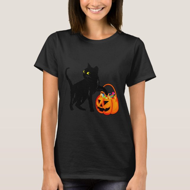 T-shirt Black Cat Halloween Candy Pumpkin Bag Sweet Lollip (Devant)