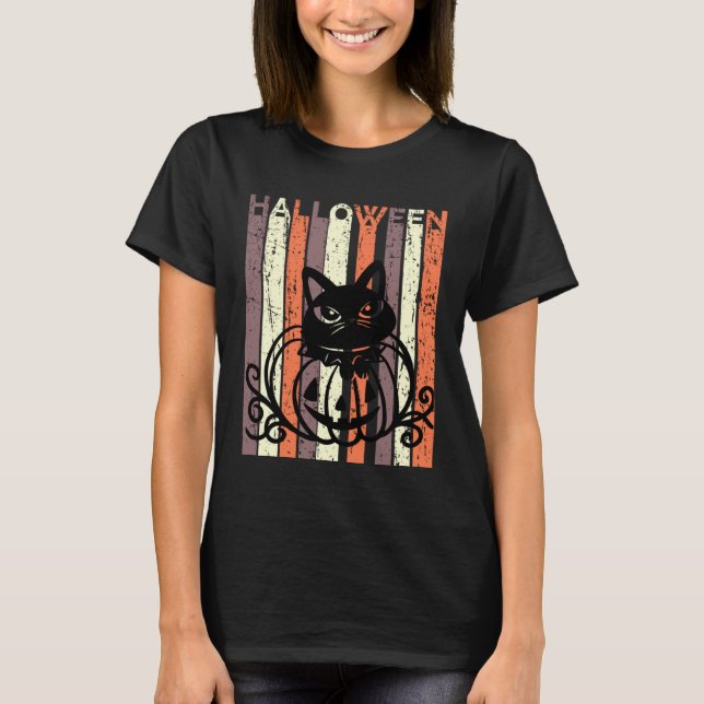 T-shirt Black Cat Halloween Retro Distressed Goth Pumpkin  (Devant)