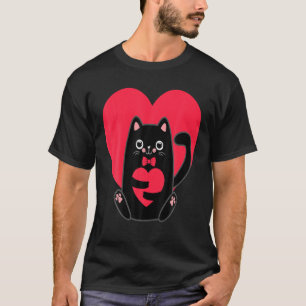 T-shirt Black Cat Heart Valentines Day Cute Kitten Kitty L